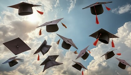 graduation cap in a blue and cloudy white sky 