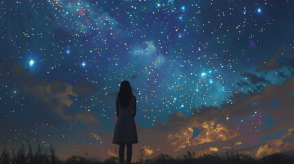 A woman stood looking at the night sky with beautiful twinkling stars. The tranquil nighthe twinkling stars above providing a mesmerizing 
