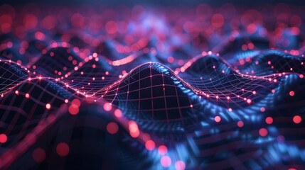 Abstract technology background of a quantum computing system with a cyber network grid and connected particles. Artificial neurons, global data connections - Generative AI