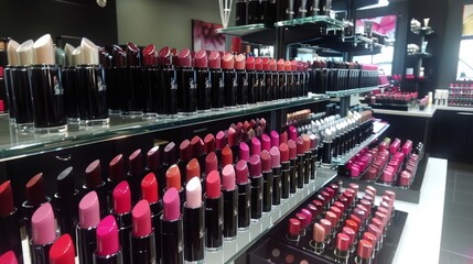 Finished lipsticks arranged on store displays and counters generative ai