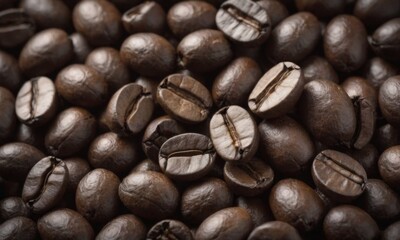 Naklejka premium Close-Up View of Roasted Coffee Beans in Rich Detail. Coffee background