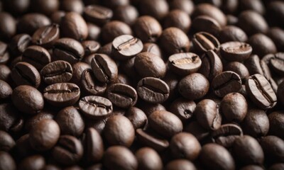 Naklejka premium Close-Up View of Roasted Coffee Beans in Rich Detail. Coffee background