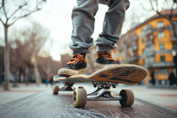 Obraz premium Close up image of a teenager practicing skateboard tricks at a skate park generative ai