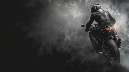 A motorbike rider on the right side of the banner, with a dark background. The banner has a copy space area in the center, with a high resolution photographic style.
