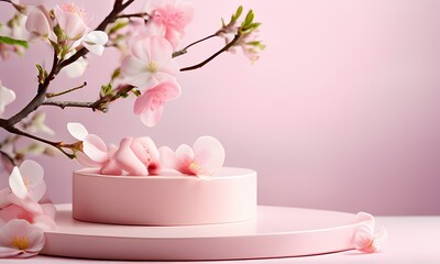 Close up view of a pink spring themed product display podium branches adorned with blooms cascading, Ai Generated