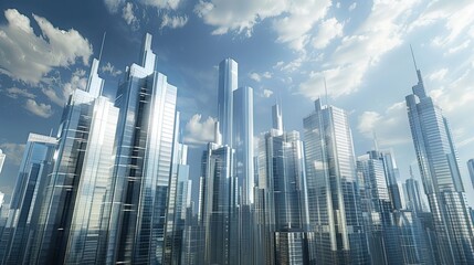 Modern city with towering skyscrapers, sci-fi, sleek design, metallic colors