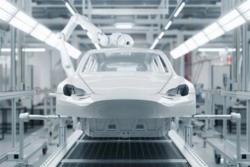 Industrial robot painting vehicle body on conveyor line in factory with white background