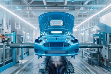 Automotive factory. industrial robot painting passenger car body blue in paint chamber