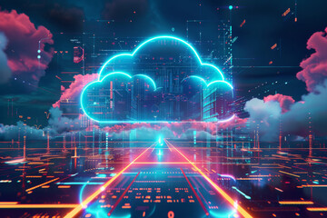 Illustrative image of computer servers on clouds representing cloud computing.Cloud Network Solution digital background. Cyber Security and Cloud Technology Concept.
