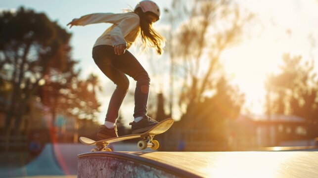 A young girl practicing Spin Kickflip on a mini ramp determined to nail the trick.
