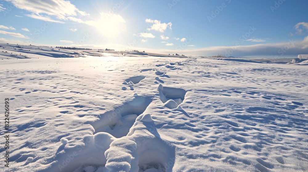 Poster snowy field path in winter sunlight. a snowy field with a path leading towards a distant forest unde