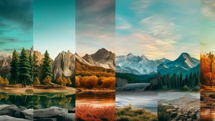 Stunning landscapes showcasing different seasons in a panoramic collage. The vibrant colors and diverse scenery highlight the beauty and changes in nature throughout the year.