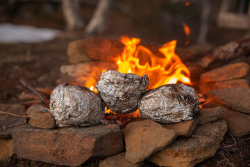 Potatoes in foil for a camping stop are heated by the fire on hot stones