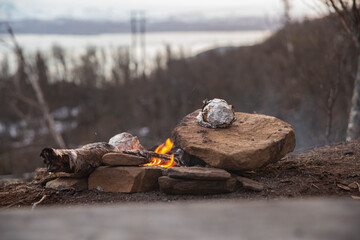 Morning fire and light breakfast in the forest against the backdrop of Norwegian landscapes