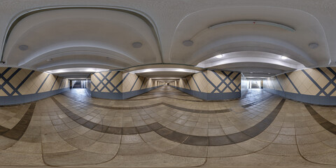 hdri 360 panorama view on pedestrian footpath inside long corridor of underground tunnel in...