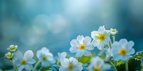 Spring forest white flowers primroses with Blurred blue sky Floral nature background - Powered by Adobe