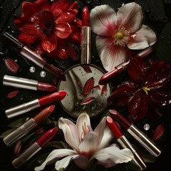 makeup brushes, mirrors, flowers, fabrics or jewelry that highlight the beauty and elegance of lipsticks. generative ai