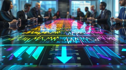 An executive boardroom with a futuristic touchscreen table displaying a vibrant business graph with arrows showing profit increases, surrounded by focused businesspeople,
