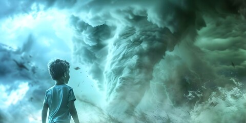 Boy gazes at large tornado in countryside running away scared. Concept Natural Disaster, Fear, Countryside, Tornado, Boy