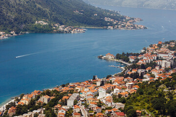 Wide view from mountain to bay of Kotor in Montenegro, Mediterranean Sea background