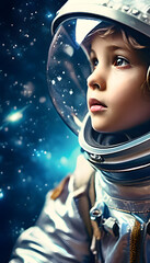 Child Astronaut Face Closeup In Spacesuit Inside School Science Classroom Aspiring Future Career Job Occupation Concept Starry Background