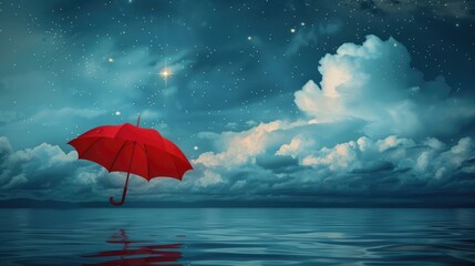 A red umbrella in the air above a calm sea with a white cloud and starry sky background. The concept of protection, security or financial safety