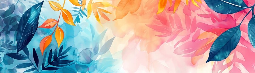 Naklejka premium Vibrant watercolor abstract background with colorful leaves, blending warm and cool tones in a dynamic and artistic composition.