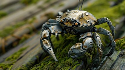 Futuristic robot crab crawling on old wood.
