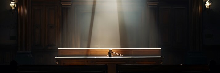  Empty judge's bench, The judge's gavel rests on the empty bench, illuminated by a single spotlight, creating a powerful image of justice.