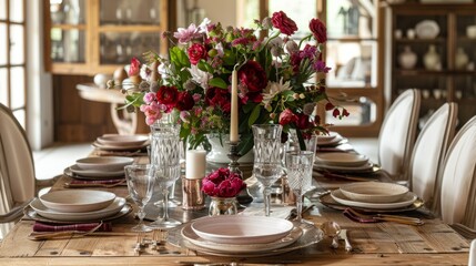 decorative elements on the dining table, such as vases with fresh flowers, candles or ceramic bowls generative ai