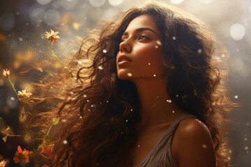 Ethereal image of a youthful female with radiant sparkles and a warm, magical ambiance