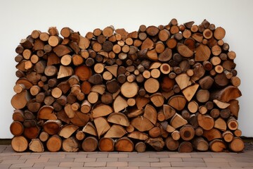 Neatly arranged pile of chopped firewood ready for winter, set against a clean white background