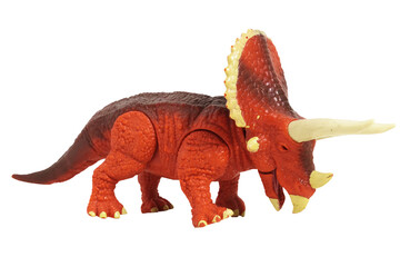 Triceratops dinosaur plastic toy isolated on PNG transparent background.