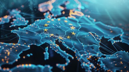 Digitalization in Europe. EU flag goes over into digital data lines and points.