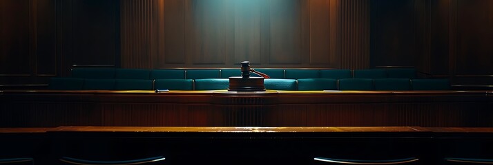 Empty judge's bench, The judge's gavel rests on the empty bench, illuminated by a single spotlight, creating a powerful image of justice.