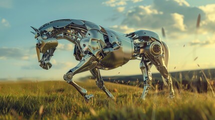 Animal robot horse with savanna background, generated AI.
