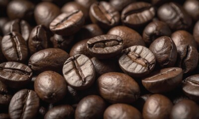 Fototapeta premium Close-Up View of Roasted Coffee Beans in Rich Detail. Coffee background