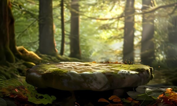 Podium textured like weathered rock surfaces accented with green forest, Ai Generated