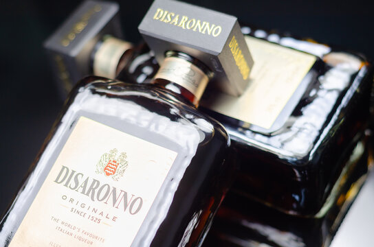 LONDON, UK - 17 APRIL 2024 Bottles of Disaronno Originale, an amber colored liqueur with a characteristic almond flavour