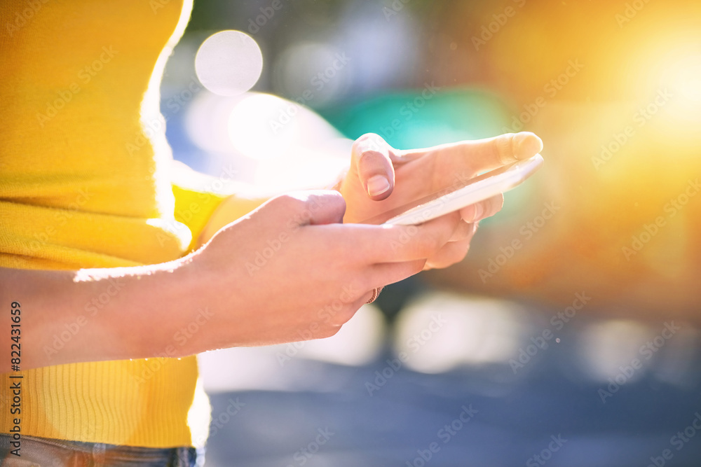 Poster outdoor, hands or person with cellphone for typing, chat and browsing online on social media. bokeh,