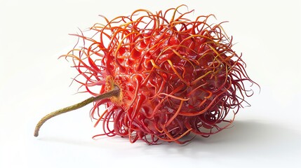 Fototapeta premium Close-up of a vibrant red rambutan fruit against a white background, showcasing its unique hairy and spiky exterior.