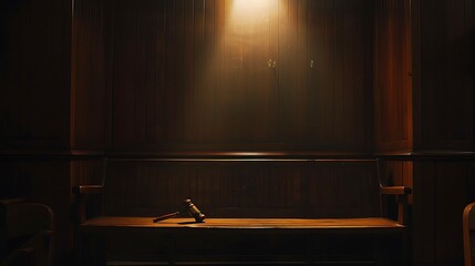 Empty judge's bench, The judge's gavel rests on the empty bench, illuminated by a single spotlight, creating a powerful image of justice.