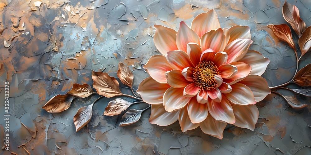 Wall mural Abstract floral background with dahlia flower and golden leaves. 3d render