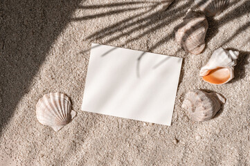 Empty paper card mockup and sea shells and conch on beige sand texture background with tropical palm tree leaves sunlight shadow © Viktoriia