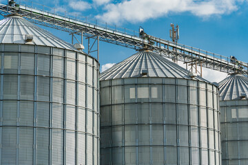 Modern steel agricultural grain granary silos. Agricultural warehouse. Agro industry