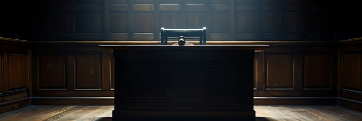 Empty judge's bench, The judge's gavel rests on the empty bench, illuminated by a single spotlight, creating a powerful image of justice.