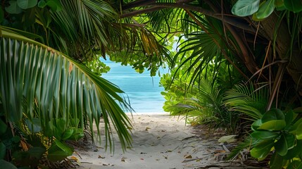 Sandy path leading to a tranquil, turquoise beach framed by lush green tropical plants