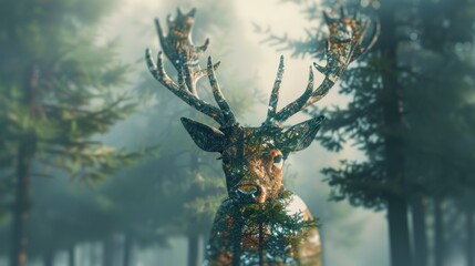 Future futuristic deer head with forest background, AI generated image.