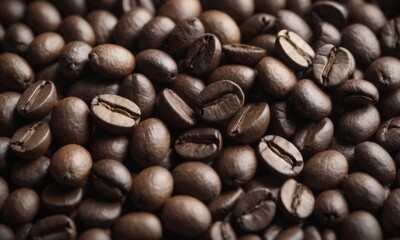 Obraz premium Close-Up View of Roasted Coffee Beans in Rich Detail. Coffee background
