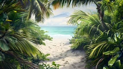 Fototapeta premium Sandy path leading to a tranquil, turquoise beach framed by lush green tropical plants